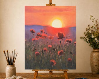 赤い夕焼けの絵画オリジナル、穏やかな川の壁画、カラフルな油絵の湖畔
