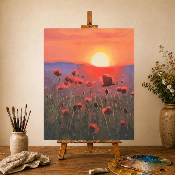 赤い夕焼けの絵画オリジナル、穏やかな川の壁画、カラフルな油絵の湖畔
