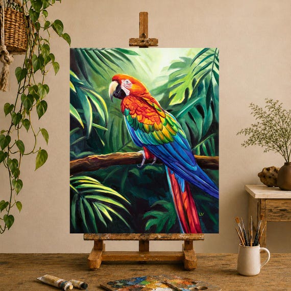 Red parrot ORIGINAL oil painting, Jungle macaw portrait, Tropical