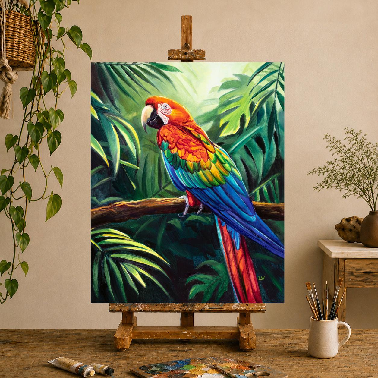 Red parrot ORIGINAL oil painting, Jungle macaw portrait, Tropical