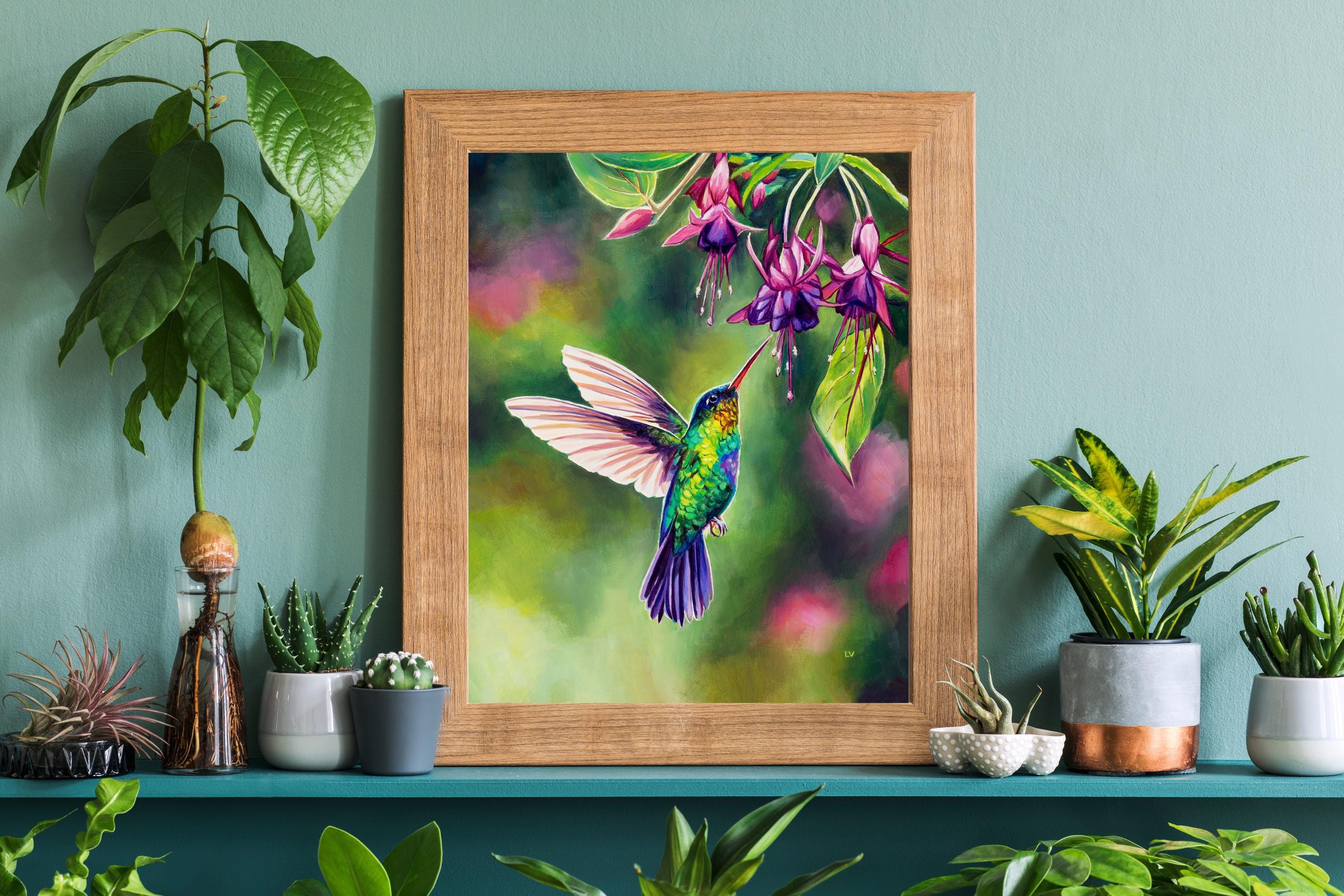 Fuchsia flowers and hummingbird oil painting, Tropical bird