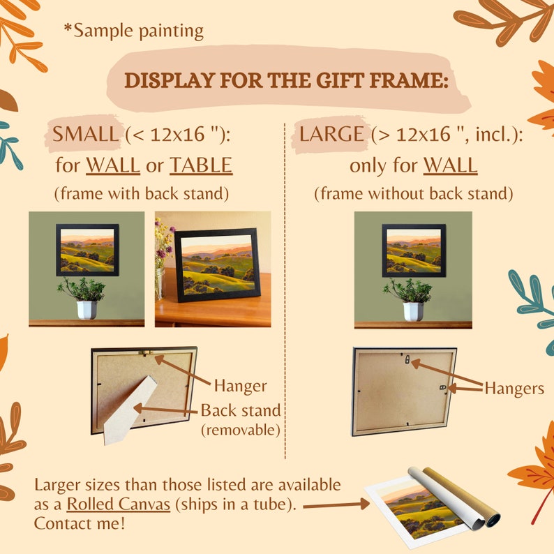 Peut inclure: Un graphique informatif pr&eacute;sentant les options de cadres cadeaux. Les petits cadres de moins de 30x40 cm incluent un support arri&egrave;re pour mur ou table. Les grands cadres de 30x40 cm et plus ont des attaches murales. Toiles roul&eacute;es incluses.