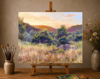 Wildflower meadow painting ORIGINAL, Countryside field flowers wall art, Vintage floral landscape, Summer scene classic painting, Farmhouse