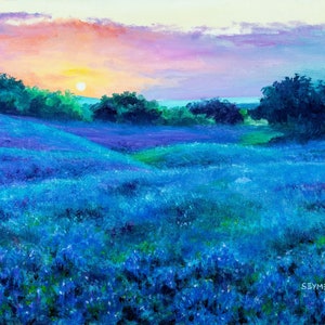 Bluebonnet meadow original painting, Texas bluebonnnet sunset, Country wildflower blue, Texas flowers, Framed painting living room decor