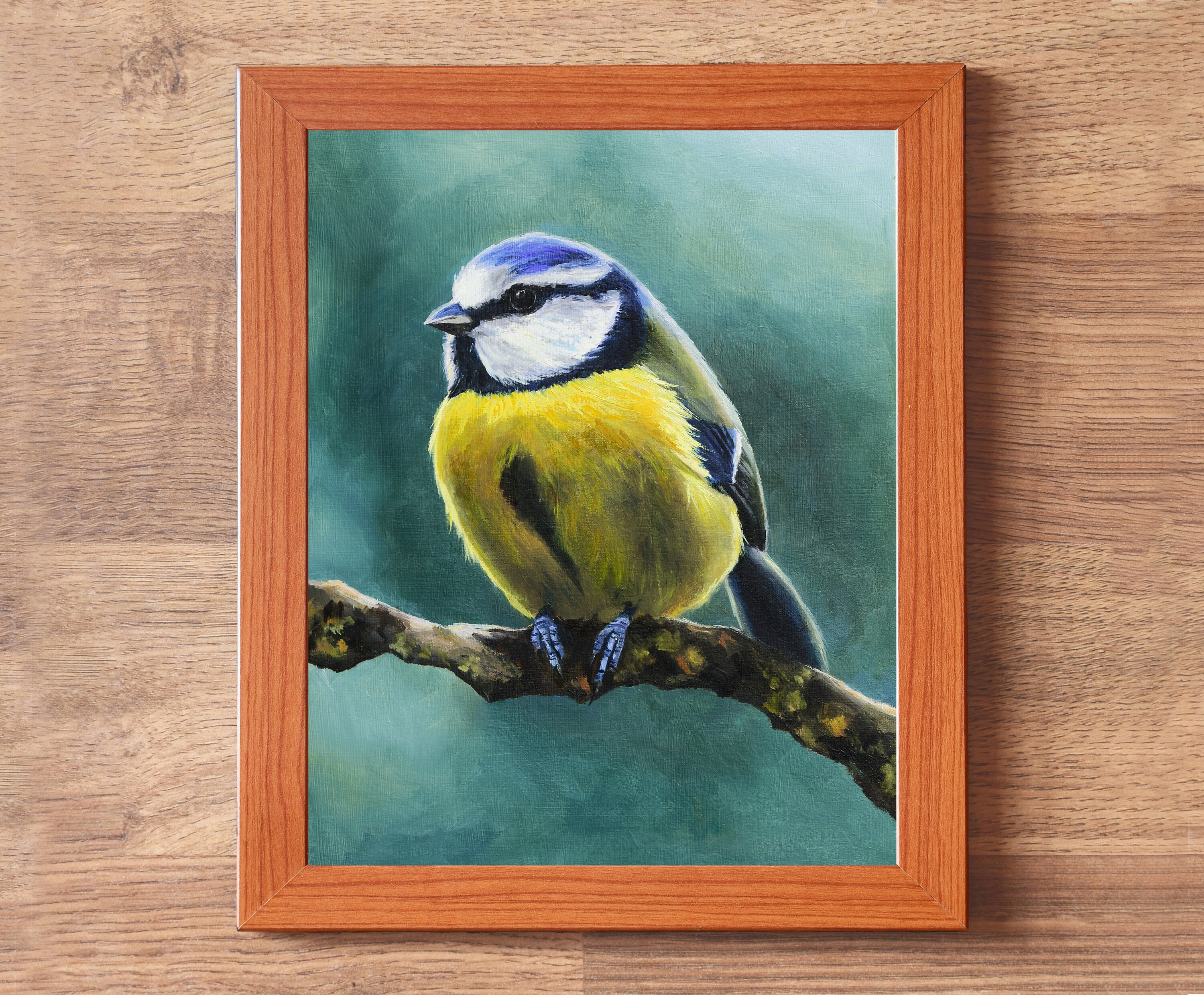 Blue tit ORIGINAL artwork, Tit bird oil painting, Small wildlife