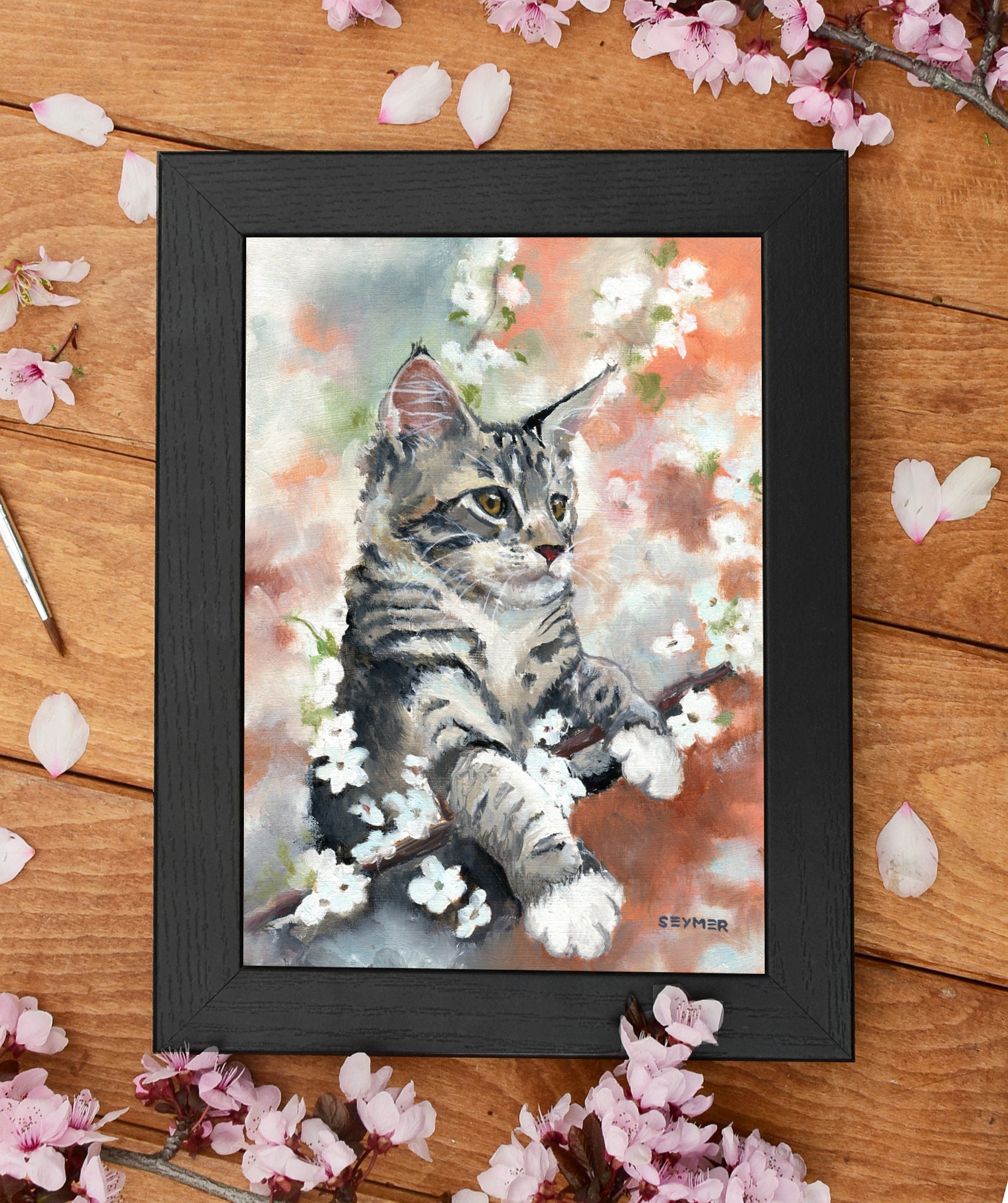 猫のオリジナル絵画、桜のアートワーク、白い春の花のアート、ミニ