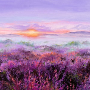 Delicate landscape artwork, Heather field painting, Purple tones art, Dawn blooming, Pink flowers painting, Gift for grandma Kitchen art
