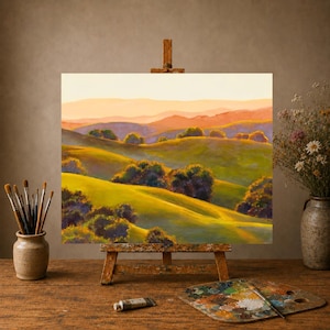 Peut inclure: Une peinture de paysage sur un chevalet en bois repr&eacute;sente des collines verdoyantes sous un ciel de coucher de soleil dor&eacute;. La sc&egrave;ne montre des arbres vert fonc&eacute; nich&eacute;s dans les vall&eacute;es, avec des montagnes orang&eacute;es et violettes au loin.