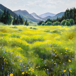 Country landscape oil painting, Flowery spring rural art, Realistic artwork, countryside wall art, Farmhouse, Gift for nature lovers