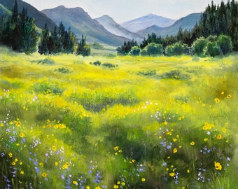 Country Landscape Oil Painting, Flowery Spring Rural Art