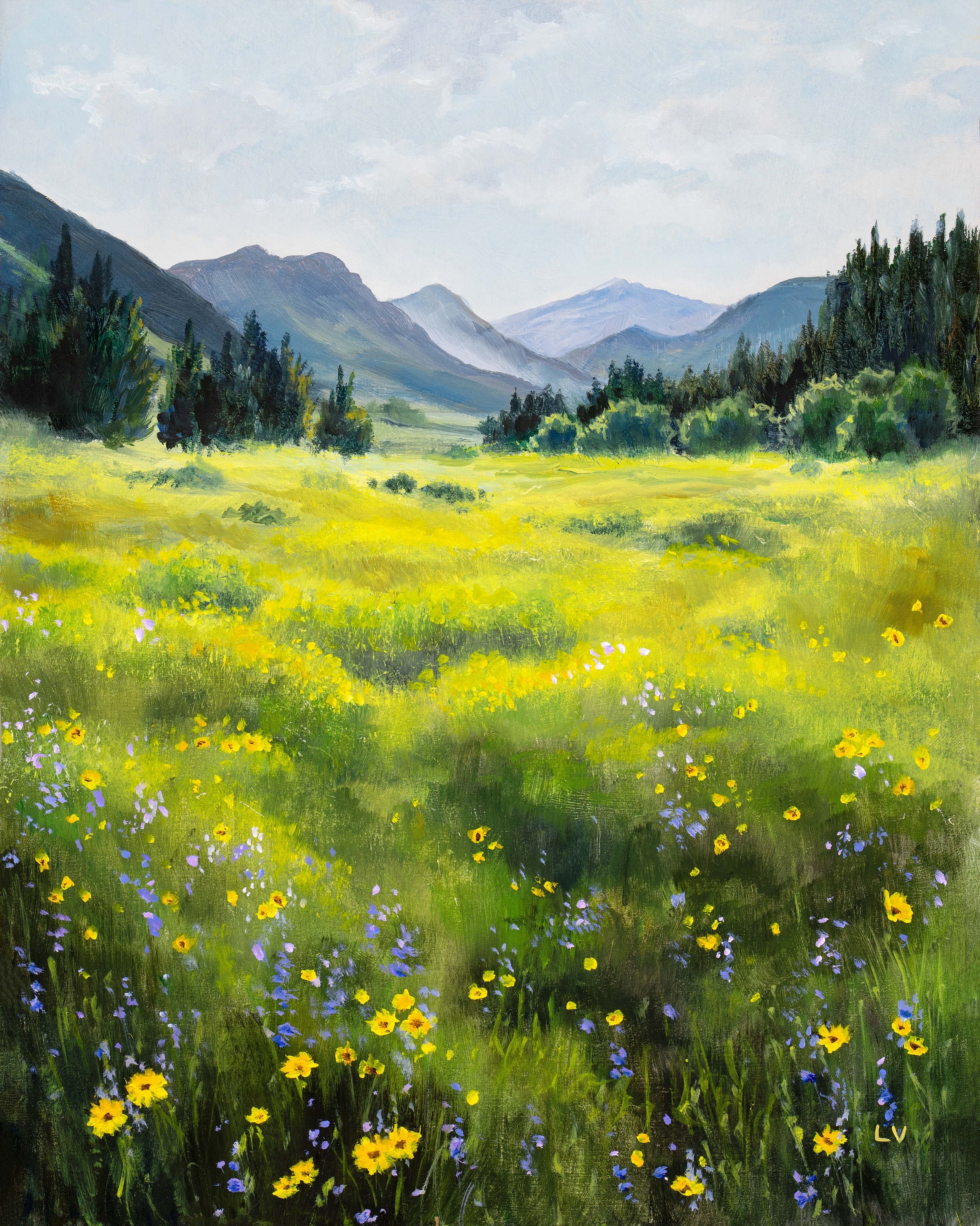 Country Landscape Oil Painting, Flowery Spring Rural Art