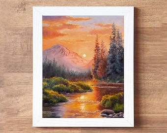 スプルースの森のオリジナル油絵、川と山のアート作品、晴れた夕日の