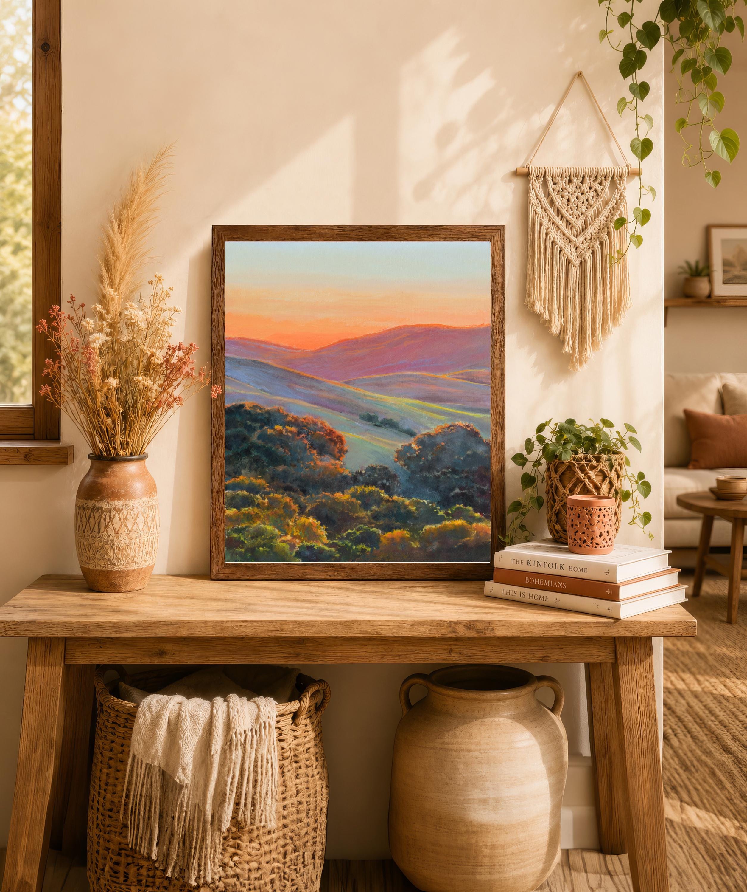カリフォルニアの丘の絵画、夕日の風景油絵、カリフォルニアのオークの