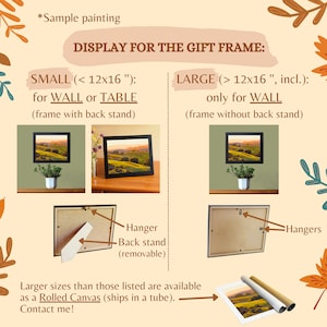 Op de afbeelding: Een informatieve afbeelding met cadeau-lijstopties. Kleine lijsten onder 12x16 inch bevatten een verwijderbare standaard voor wand of tafel. Grote lijsten vanaf 12x16 inch hebben ophanghaken voor wandmontage. Opgerold canvas is ook beschikbaar.