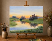 Sunrise River Painting ORIGINAL, Landscape Water Reflections