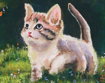 キティオリジナル油絵風景の中の子猫ミニ絵画ヴィンテージ猫アート動物