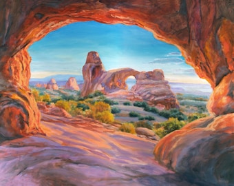Dipinto originale ad olio del Parco Nazionale degli Arches, tramonto su Turret Arch tra le rocce rosse, paesaggio desertico dello Utah dai colori vivaci, arredamento rustico western