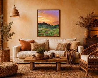 夕日の風景油絵オリジナル、額装された田園風景画、モダンな農家風絵画