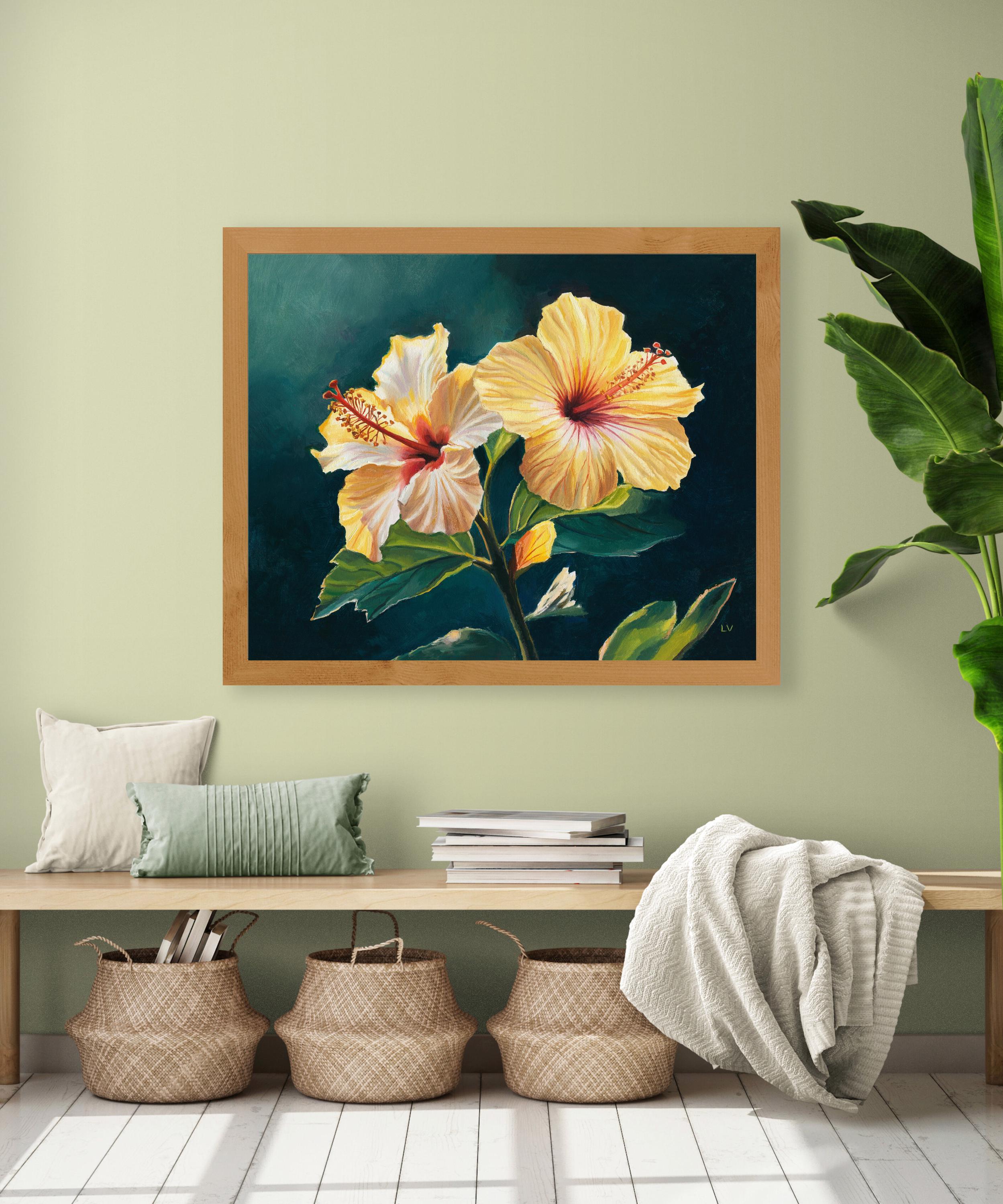 黄色のハイビスカスの花の絵画プリント、トロピカルな花の油絵リアル