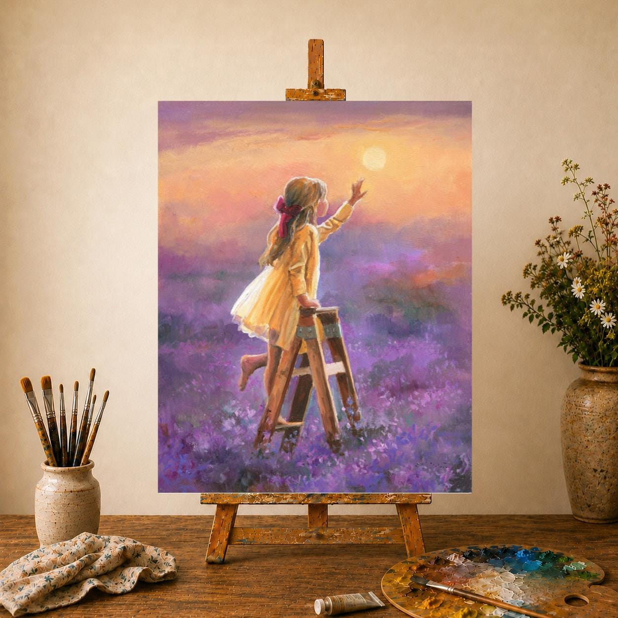 少女のオリジナル絵画、野の花の少女の油絵、子供部屋の装飾アート