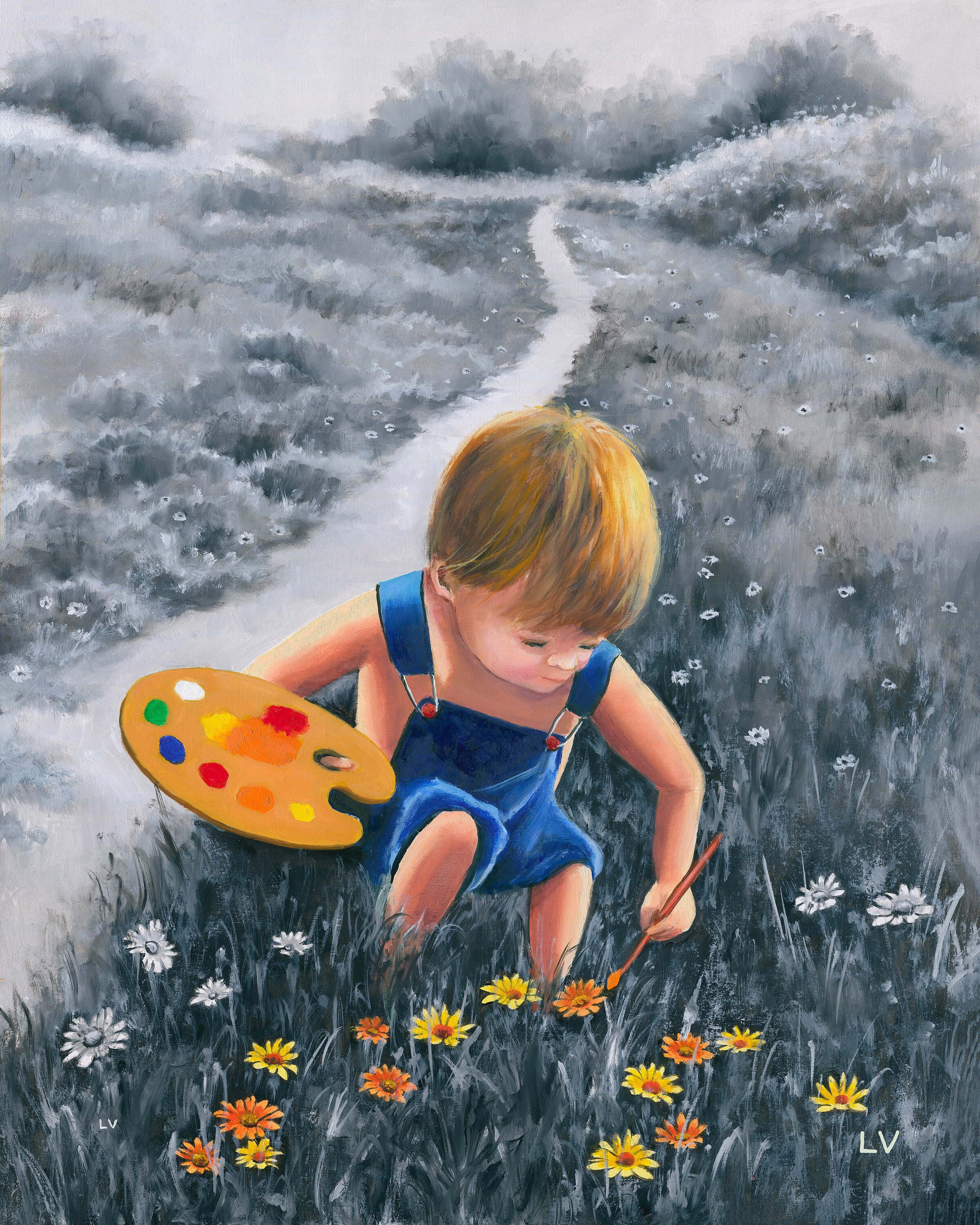 KID 油絵アート Happy Child Painting, Child in Field of Flowers Art, Vintage