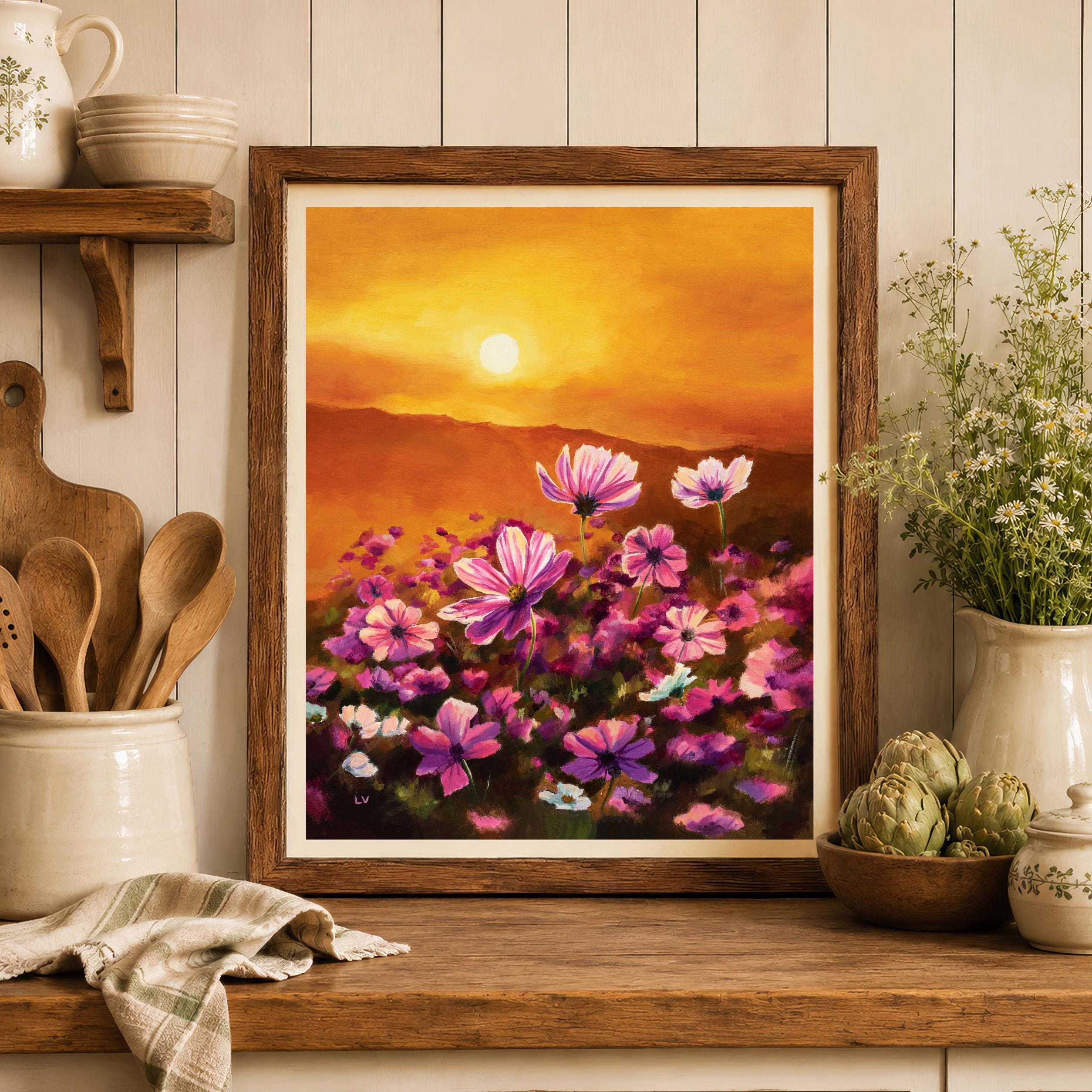 Cosmos Field PRINT, Sunset Meadow Oil Painting, Mexico Flowers