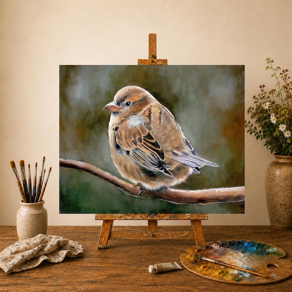 鳥の油絵オリジナル、木製動物画オリジナル鳥のアート額入り