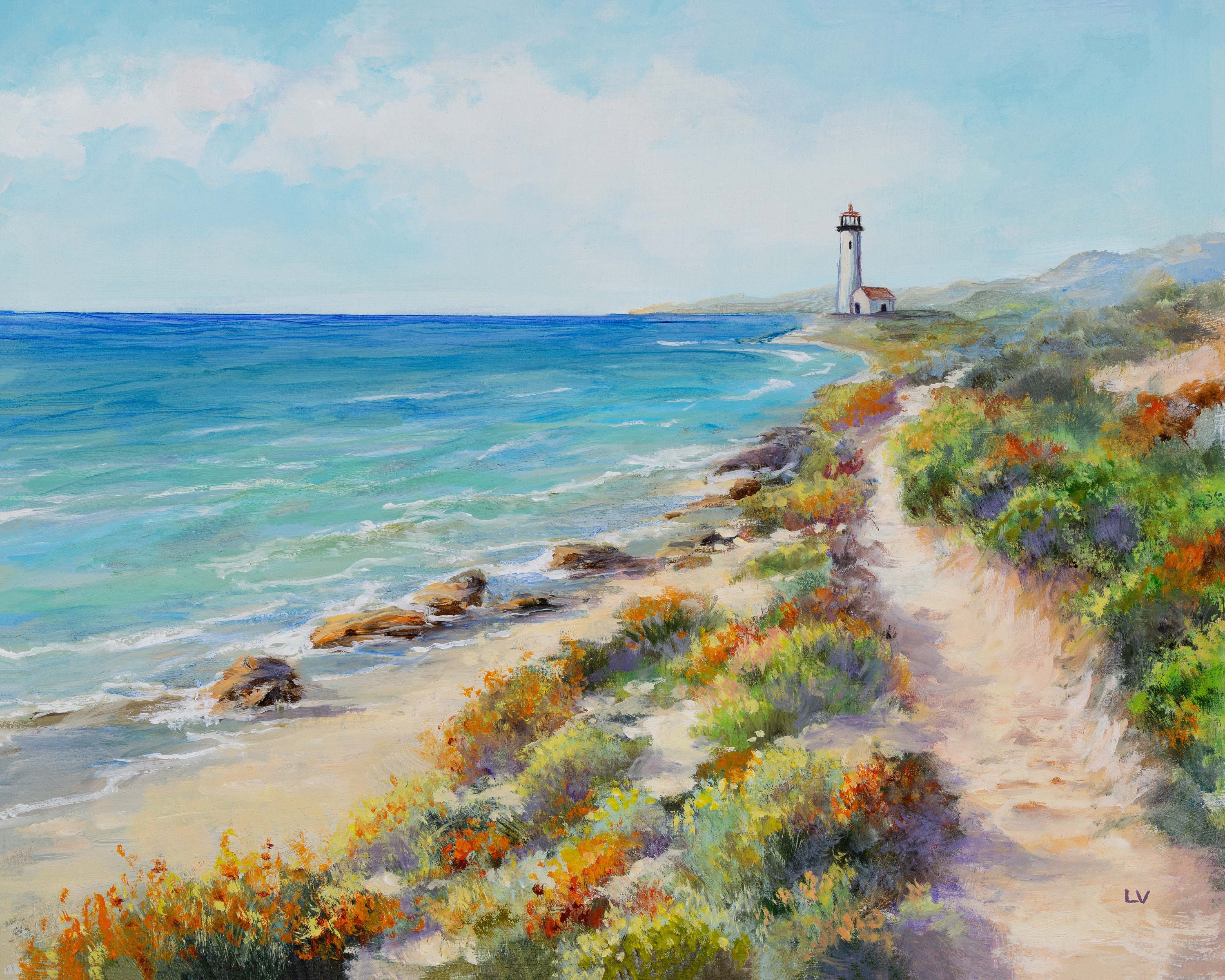 California flowers landscape ORIGINAL oil painting, Lighthouse beach artwork, Coastal path wall art, Sunny wildflover Big Sur decoration
