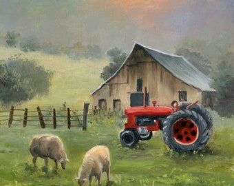 Farm painting country house original, Barn landscape art, Rural life artwork art, Farmhouse wall art decor Framed painting Country folk