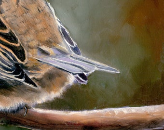 鳥の油絵オリジナル、木製動物画オリジナル鳥のアート額入り