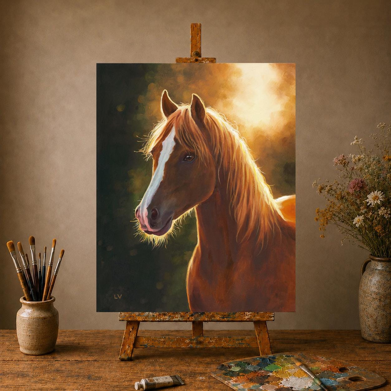栗毛の馬の油絵オリジナル、茶色と白の馬の肖像画、小さな馬のアート