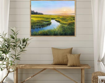 湿地風景油絵オリジナル、黄金の陽光が差し込む水路のアート、フロリダ