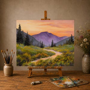 May include: A landscape painting on an easel depicts a winding path through a meadow toward purple mountains under an orange sunset sky. The scene includes dark evergreen trees, yellow wildflowers, and a soft, warm light across the horizon.