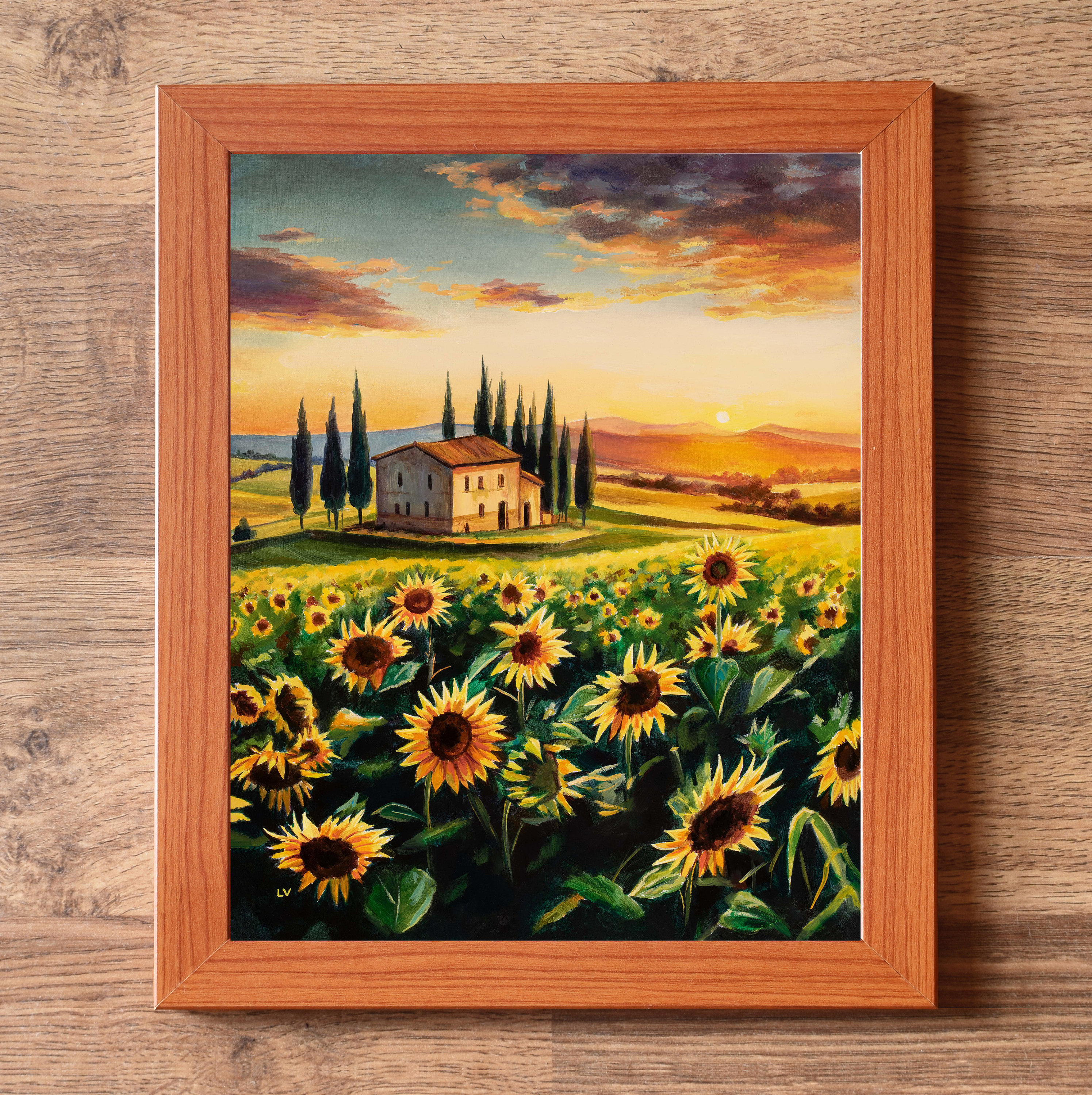 ORIGINAL sunflowers landscape oil painting, Tuscany fields artwork