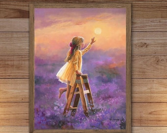 Girl field painting PRINT, Lavender meadow, Daydreaming romantic sunset wildflower landscape Little girl bedroom wall art Purple flower