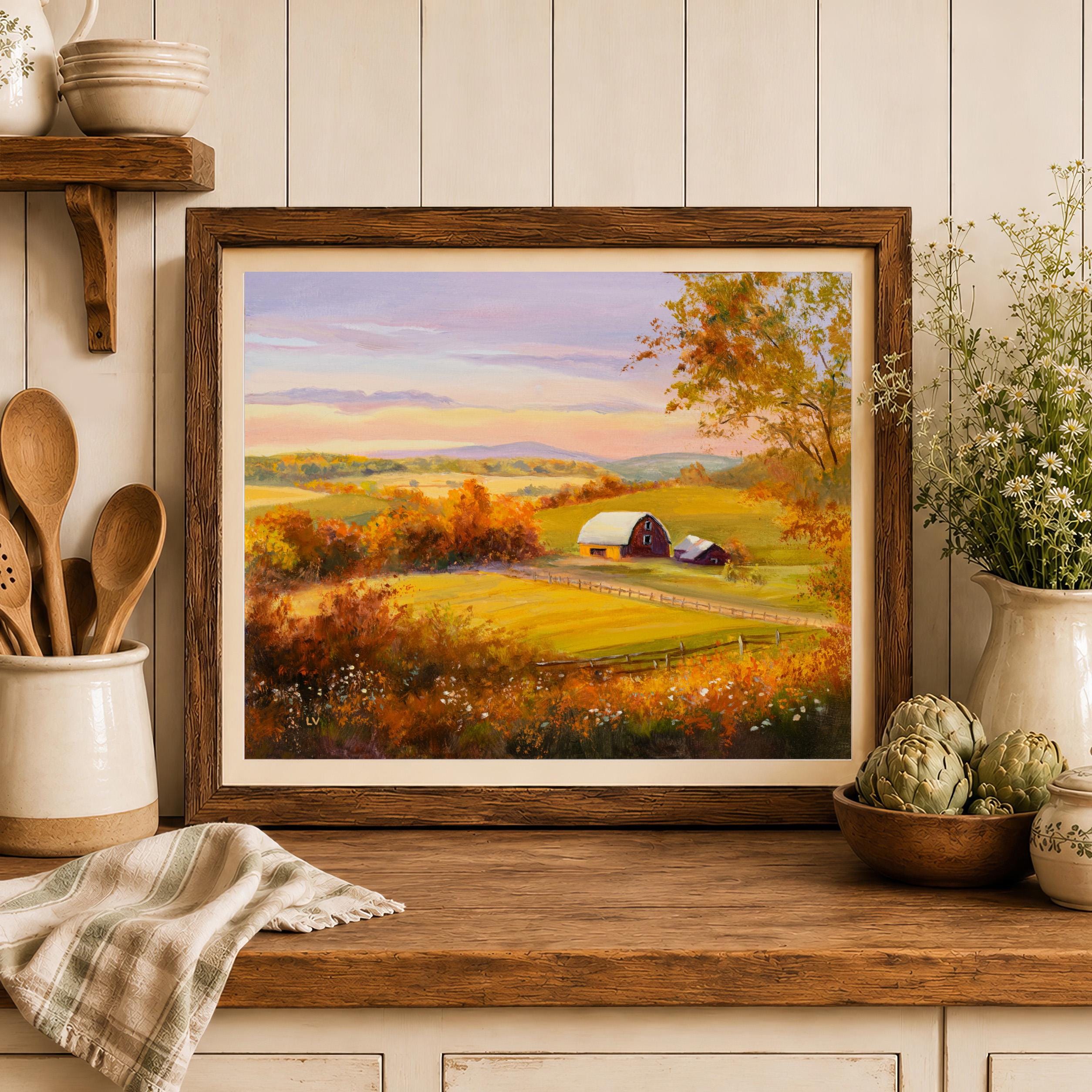 Homestead Painting PRINT, Traditional Rural Farm Landscape
