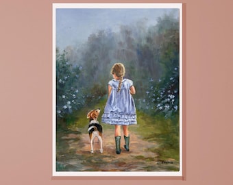 Beagle art PRINT, Vintage dog painting, Little girl walking path, Animal friends Beagle memorial gift Child and dog portrait figurative art