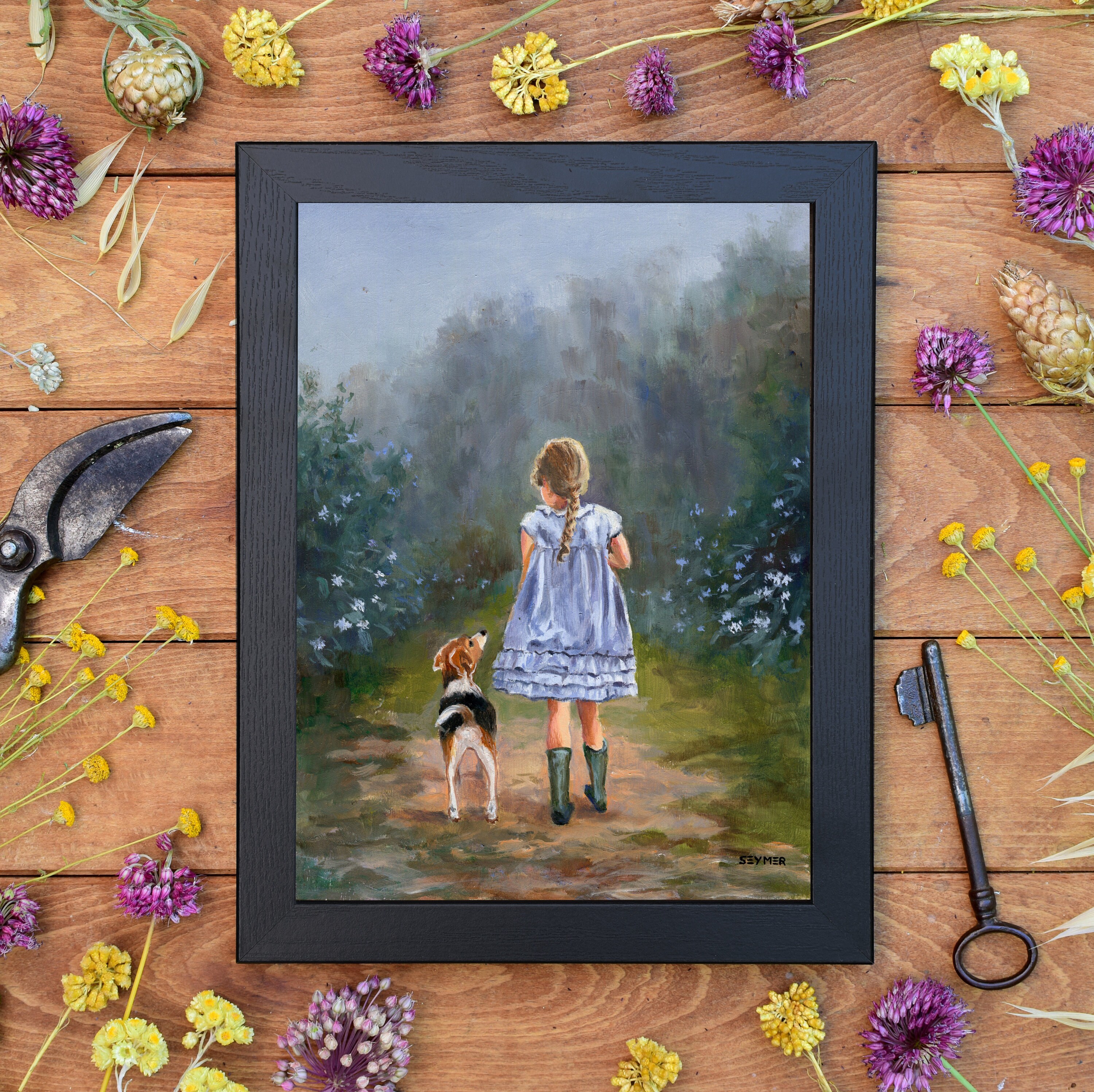 小さな女の子のオリジナル絵画、ビーグル犬のヴィンテージアート、動物