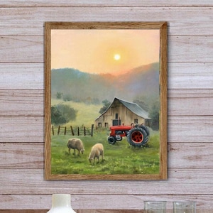 American farm art PRINT, Folk art rural life painting, Country farmhouse artwork, Tractor painting, Old barn farm scene wall art, Farm life