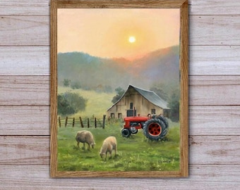 American farm art PRINT, Folk art rural life painting, Country farmhouse artwork, Tractor painting, Old barn farm scene wall art, Farm life