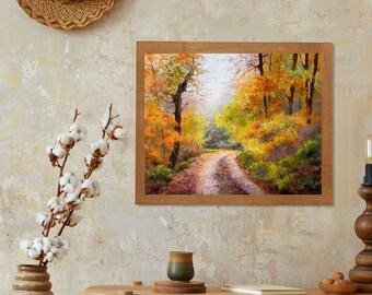 秋の道のアートプリント、暖かい色の森の風景、秋の小道、自然のリアル
