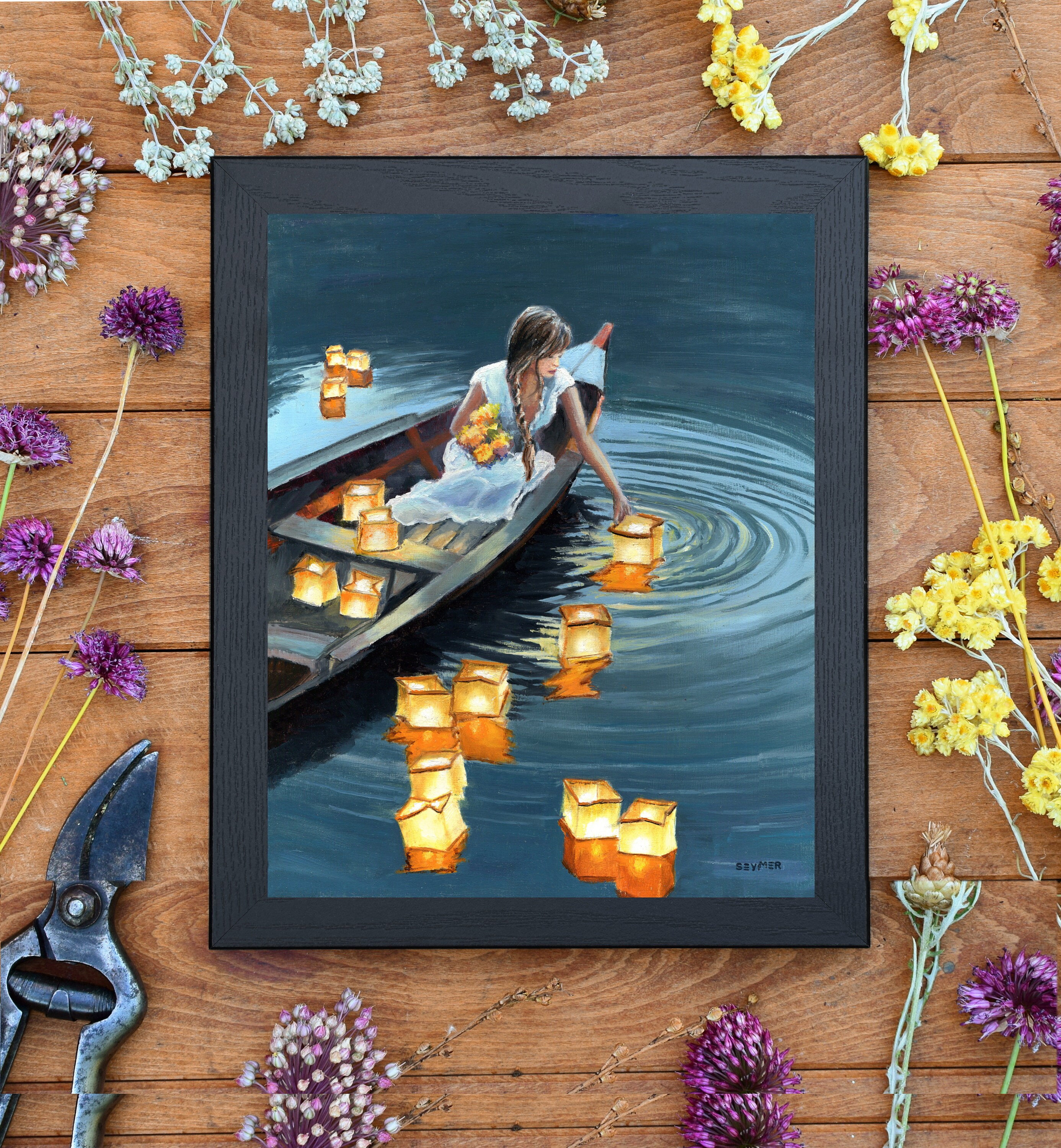 Girl ORIGINAL Painting Figurative Art Boat Lake Artwork Dusk pic