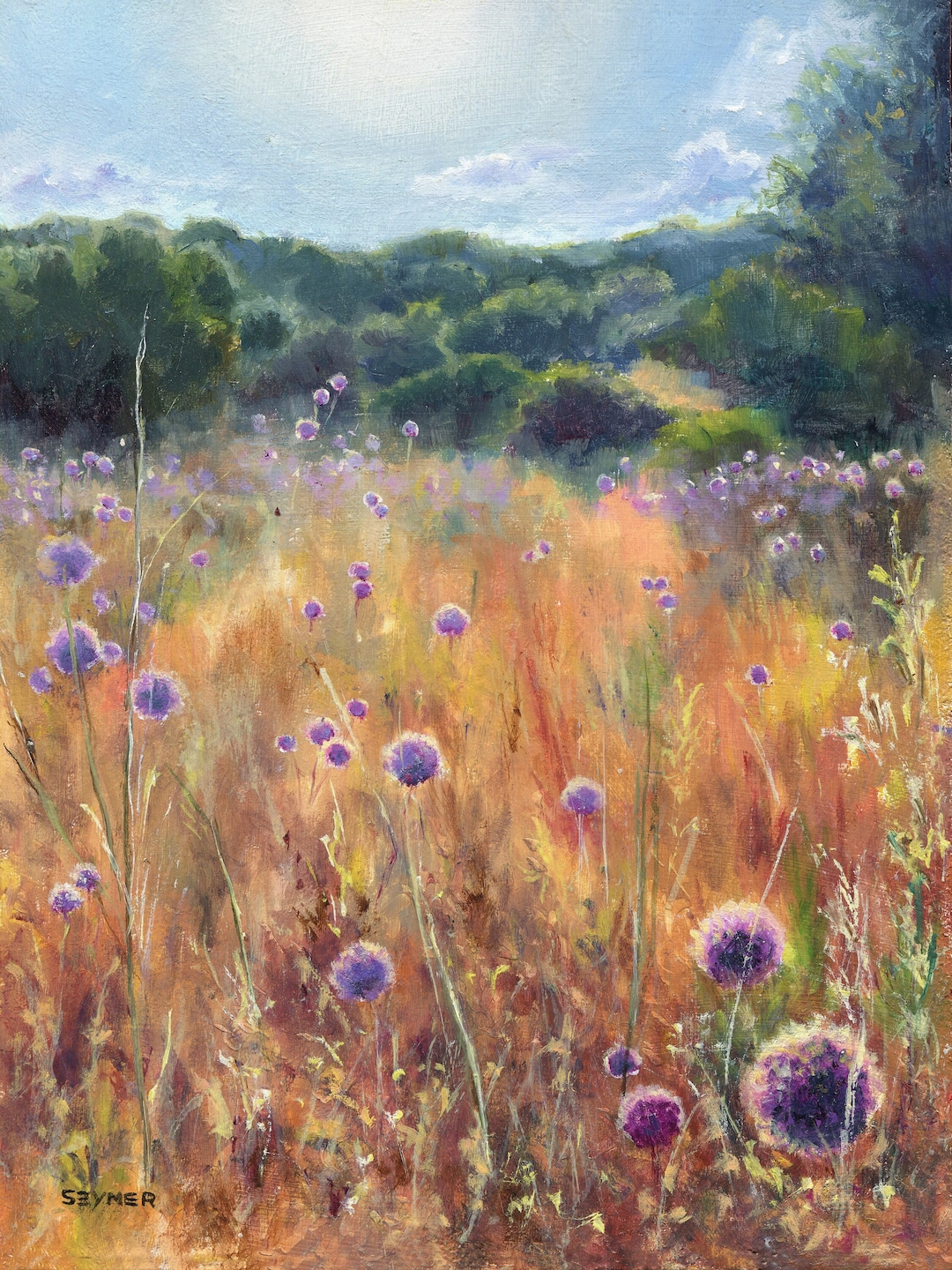 E. フィールダー花畑の風景 油彩画 花畑のオリジナルアートワーク、草原の風景油絵、田舎の夏の壁アート