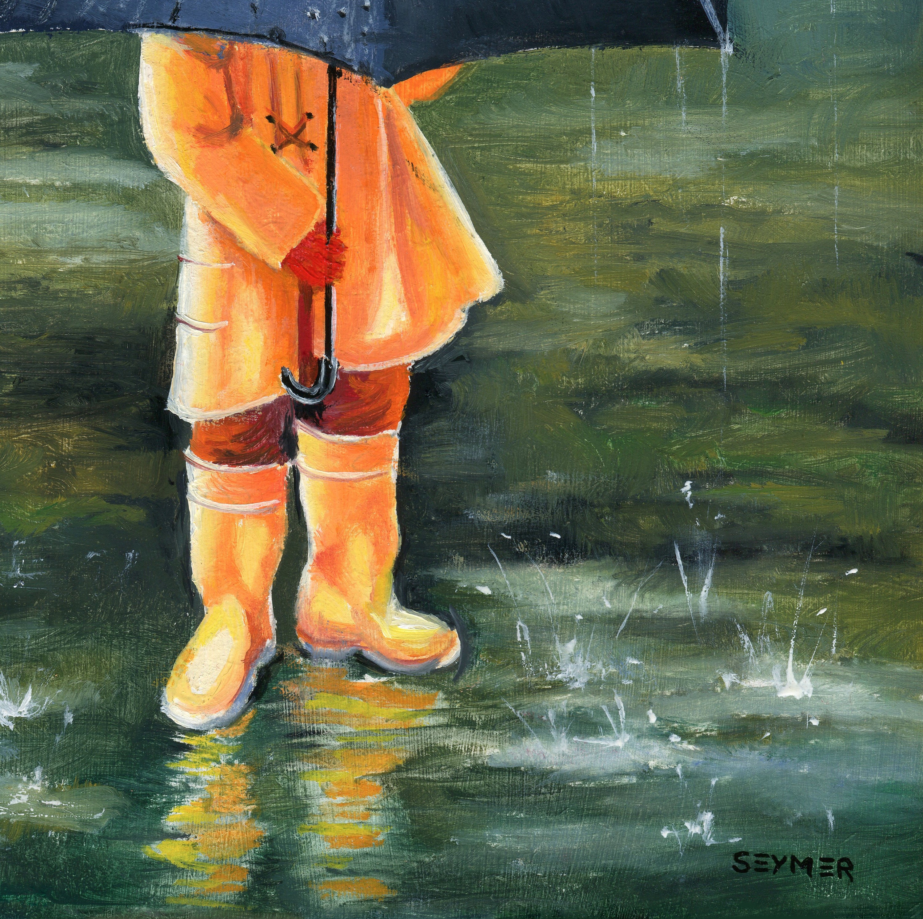 傘を持った男の子のオリジナル絵画、雨の日のアートワーク、小さな  