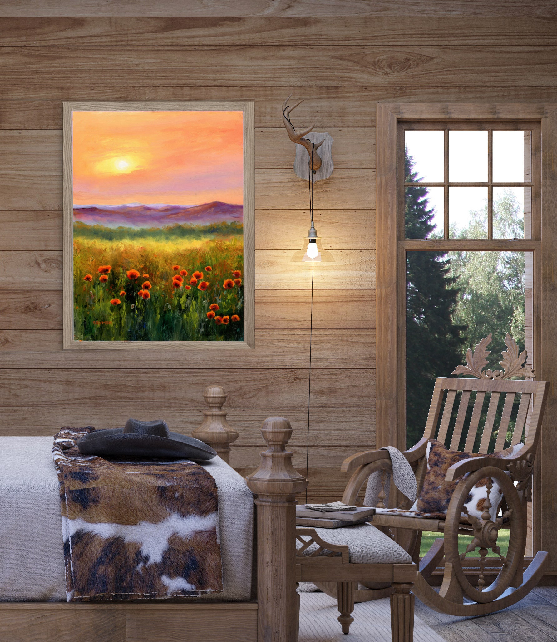 ポピーの風景画オリジナル絵画、野の花の額入り油絵、カントリー