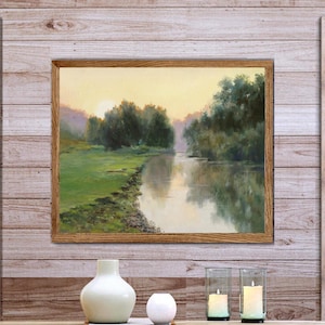 静かな小川、川の絵画、水景、緑の川、川の風景、川の反射、緑の