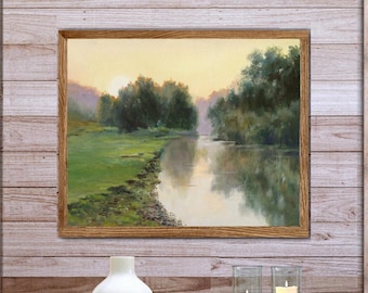 川の夕日、川の絵画、川の風景、水彩画、水景、川の反射、水彩風景