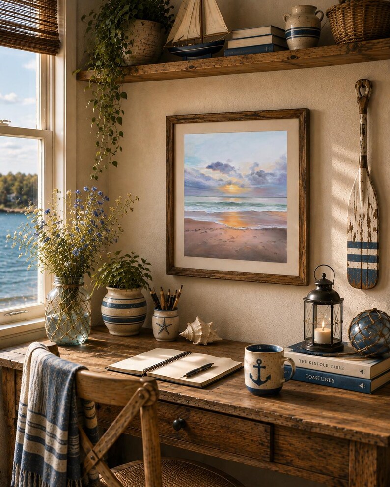 May include: A framed painting of a sunset over a beach hangs on a wall above a wooden desk. The desk features a ceramic mug with an anchor design, a notebook, a lantern, a seashell, and a vase with blue flowers. A wooden oar hangs nearby.