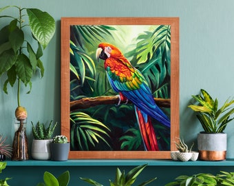 赤いオウムのオリジナル油絵、ジャングルコンゴウインコの肖像画、額