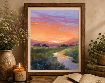 夕焼けの光、夕焼けの空、川の夕日、雲の風景、夕焼けの絵画、水景